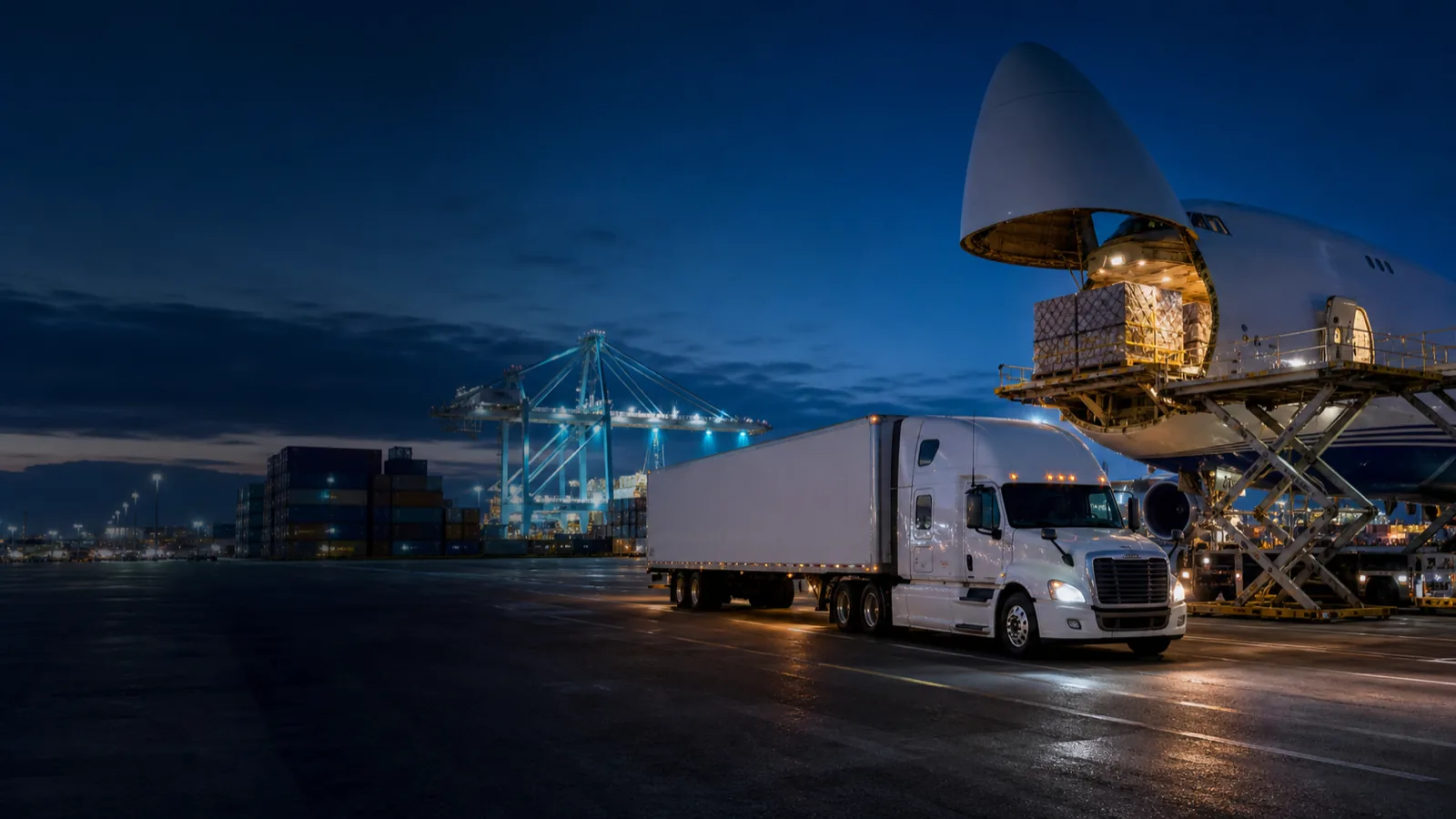 Cargo aircraft, transport truck, and shipping containers at an intermodal freight hub